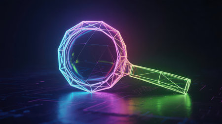 A neon wireframe magnifying glass with a geometric design glows in vibrant colors against a dark, reflective surface with digital circuit patterns. Clear details and vibrant colors enhance visual a...の素材