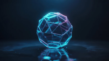 A transparent geometric sphere with neon blue and pink lighting glows on a dark, wet surface, reflecting the vibrant colors. Clear details and vibrant colors enhance visual appeal.の素材