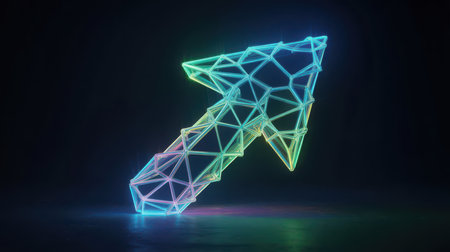 A geometric wireframe arrow, outlined in glowing neon green and blue, points upwards against a dark background with subtle light reflections. Clear details and vibrant colors enhance visual appeal.の素材