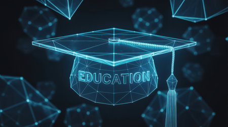 Graduation showing graduation cap with "education" text and geometric shapes. High resolution image suitable for commercial use. Clear details and vibrant colors enhance visual appeal.の素材
