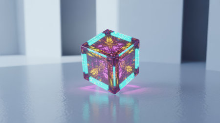 A small, glowing geometric cube with intricate purple and yellow patterns and bright cyan neon edges sits on a reflective surface. Clear details and vibrant colors enhance visual appeal.の素材