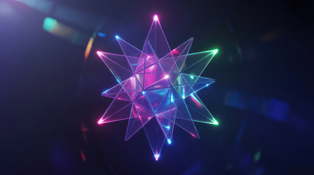 A complex geometric crystal sculpture shaped like a starburst glows with vibrant neon pink, blue, and green light against a dark, bokeh-filled background. Clear details and vibrant colors enhance v...の素材