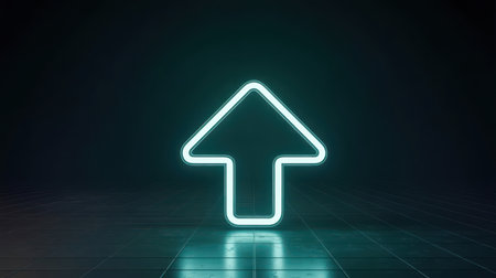 A bright neon arrow pointing upwards, casting a glow on a dark grid floor, symbolizing progress and direction. Clear details and vibrant colors enhance visual appeal.の素材