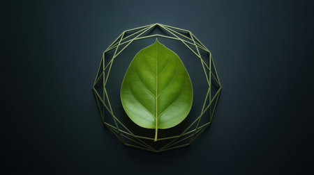 A vibrant green leaf is precisely centered within a delicate, geometric gold wireframe structure against a dark, muted background. Clear details and vibrant colors enhance visual appeal.の素材