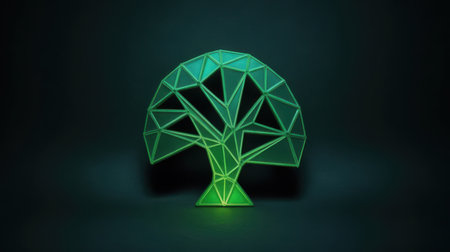 A glowing geometric tree formed by a network of luminous green polygonal lines, casting a subtle light on a dark background. Clear details and vibrant colors enhance visual appeal.の素材