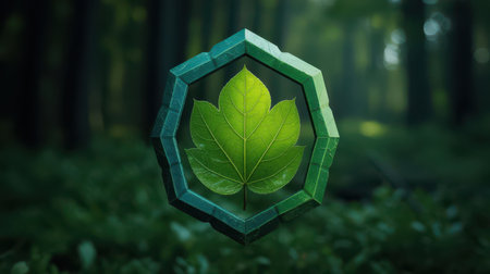 A detailed green leaf is encased within a rough, hexagonal stone frame, set against a softly blurred background of a lush green forest. Clear details and vibrant colors enhance visual appeal.の素材