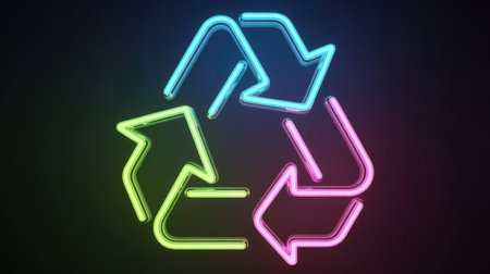 A neon recycling symbol glows with vibrant blue, green, and pink light against a dark, textured background. The arrows are sharply defined, creating a modern and abstract representation of...の素材