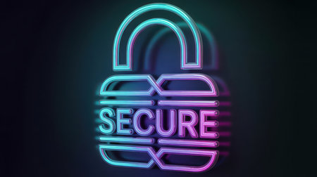 A neon outline of a padlock glows in vibrant blue and pink, with the word SECURE illuminated in the center, against a dark background. Clear details and vibrant colors enhance visual appeal.の素材