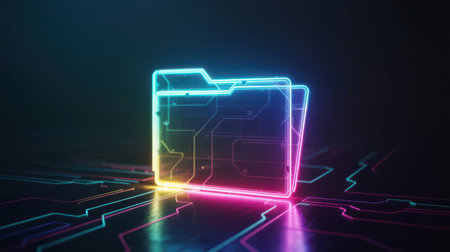 A neon outline of a digital folder with circuit board patterns glows in vibrant pink and blue against a dark, abstract background with glowing lines. Clear details and vibrant colors enhance visual...の素材