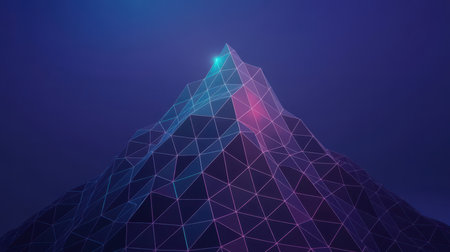 A low-poly, polygonal mountain peak is outlined with glowing neon lines in shades of blue and pink against a deep blue gradient sky. Clear details and vibrant colors enhance visual appeal.の素材