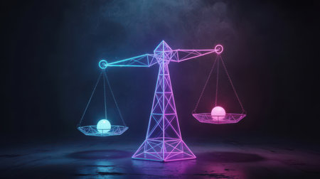 A neon wireframe representation of scales of justice, with one side holding a blue orb and the other a pink orb, glowing against a dark background. Clear details and vibrant colors enhance visual a...の素材