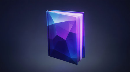 An open book with a faceted, crystalline geometric cover that glows with vibrant purple and blue neon light against a dark, gradient background. Clear details and vibrant colors enhance visual appeal.の素材