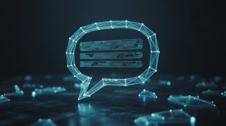 Network showing wireframe speech bubble icon with circuit board texture and floating particles. High resolution image suitable for commercial use. Clear details and vibrant colors enhance visual ap...の素材