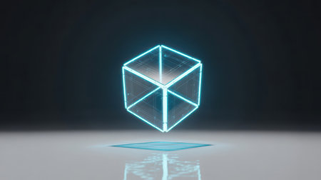 A transparent cube, constructed from glowing blue neon wireframe lines, floats above a luminous square pad, casting a subtle reflection. Clear details and vibrant colors enhance visual appeal.の素材