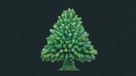 A stylized tree composed of numerous green geometric crystal shapes, resembling a mineral formation, with a textured trunk and dark background. Clear details and vibrant colors enhance visual appeal.の素材