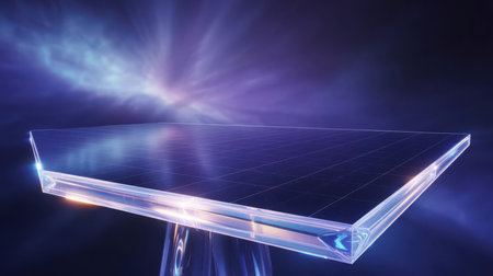 A polished rectangular glass surface with a grid pattern rests on a translucent stand, illuminated by glowing lights against a purple nebula. Clear details and vibrant colors enhance visual appeal.の素材