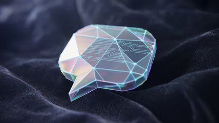A polygonal speech bubble icon with a circuit board pattern inside, rendered with iridescent, holographic colors on a textured dark background. Clear details and vibrant colors enhance visual appeal.の素材