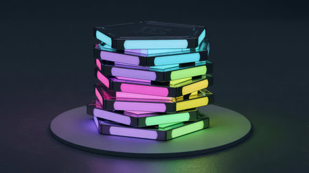 A stack of hexagonal chips with vibrant neon edge lighting in various colors, including purple, pink, blue, green, and yellow, rests on a dark circular base. Clear details and vibrant colors enhanc...の素材