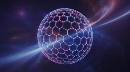 A glowing spherical structure composed of hexagonal cells, illuminated with purple and blue light, floats within a vibrant cosmic nebula. Clear details and vibrant colors enhance visual appeal.の素材