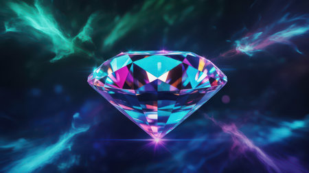 A dazzling, multi-faceted diamond is centrally positioned, surrounded by swirling, colorful nebula clouds in shades of blue, green, pink, and purple. Clear details and vibrant colors enhance visual...の素材