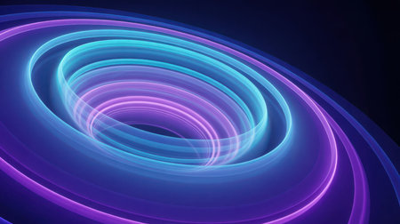 Abstract swirling vortex of glowing neon rings in shades of blue and purple against a dark background, creating a sense of depth and motion. Clear details and vibrant colors enhance visual appeal.の素材