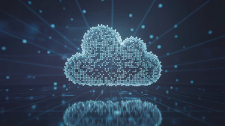 A pixelated cloud icon made of light blue squares, connected by glowing blue lines and spheres, with a reflection on a dark, grid-like surface. Clear details and vibrant colors enhance visual appeal.の素材
