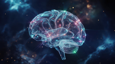 A transparent, glowing human brain model with illuminated neural connections floats in a dark cosmic space filled with nebulae and light particles. Clear details and vibrant colors enhance visual a...の素材