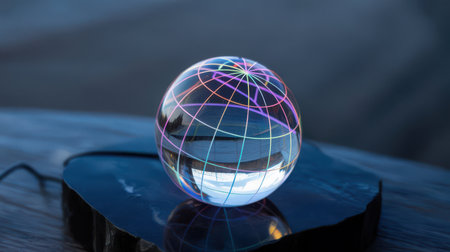 A transparent sphere with a colorful grid overlay sits on a dark, textured stone base, reflecting light against a muted background. Clear details and vibrant colors enhance visual appeal.の素材
