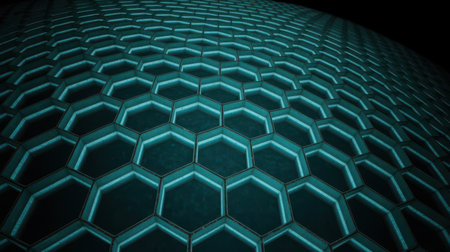 A close-up view of a dark surface covered in a repeating pattern of teal hexagonal cells with brightly glowing edges. Clear details and vibrant colors enhance visual appeal.の素材
