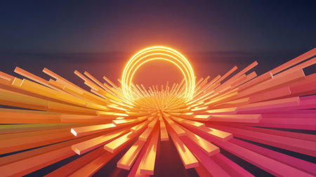 A bright orange neon ring hovers above a burst of radiating geometric bars in shades of orange and pink, creating a tunnel effect on a dark background. Clear details and vibrant colors enhance visu...の素材