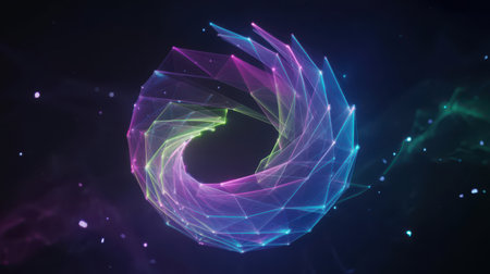 A swirling, geometric network of interconnected lines and nodes forms a vortex shape, illuminated by colorful nebula-like light and glowing particles. Clear details and vibrant colors enhance visua...の素材