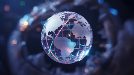 A transparent crystal globe displaying continents is illuminated by glowing pink, blue, and purple network lines against a dark, bokeh-filled background. Clear details and vibrant colors enhance vi...の素材