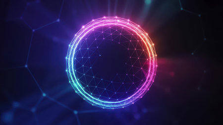 A glowing neon wireframe sphere with interconnected nodes and lines, set against a dark background with subtle network patterns and bokeh. Clear details and vibrant colors enhance visual appeal.の素材