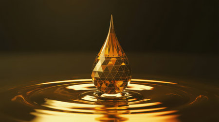 A close-up, 3D rendered image of a golden liquid droplet suspended above a surface, creating concentric ripples, with a warm, rich color palette. Clear details and vibrant colors enhance visual app...の素材