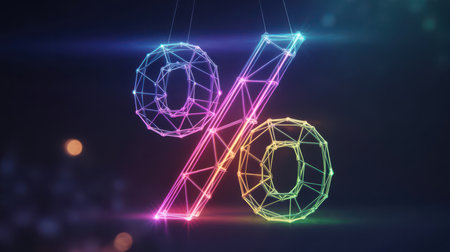A neon wireframe percentage symbol illuminates with vibrant colors, set against a dark background with soft, out-of-focus bokeh lights. Clear details and vibrant colors enhance visual appeal.の素材