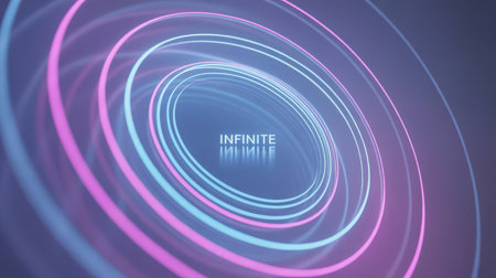 A futuristic tunnel of swirling pink and blue neon lines creates a sense of infinite depth, with the word INFINITE reflected in the center. Clear details and vibrant colors enhance visual appeal.の素材