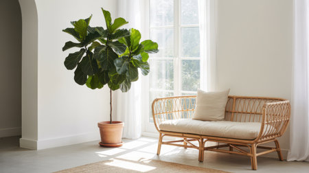 A large fiddle leaf fig plant in a terracotta pot sits beside a light brown rattan sofa with a beige cushion. Sheer white curtains frame a window with sunlight streaming in.の素材