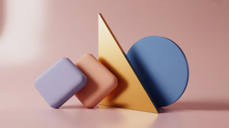A still life arrangement of abstract geometric shapes including rounded squares, a triangle, and a circle in pastel lavender, peach, blue, and metallic gold colors against a soft pink background with subtle shadows.の素材