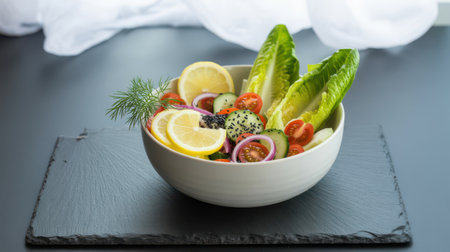 A white bowl filled with a vibrant salad featuring crisp lettuce, sliced tomatoes, cucumbers, red onion rings, lemon slices, and dill. Black sesame seeds are sprinkled on top. The bowl rests on a dark slate platter against a soft white fabric background.の素材