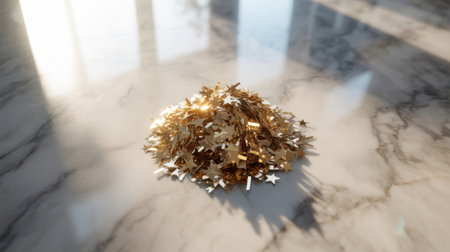 A pile of small gold star-shaped confetti sparkles on a white and grey veined marble surface. Bright light casts shadows.の素材