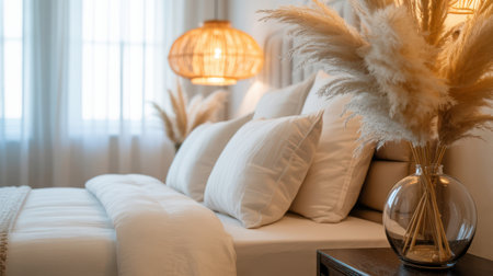A luxuriously made bed with white linens and pillows is adorned with a vase of pampas grass. A woven pendant light hangs above.の素材
