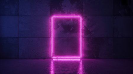 A vibrant pink neon rectangle glows against a dark, textured tiled wall and a wet, reflective floor. The lighting is moody and atmospheric with shades of purple and blue.の素材