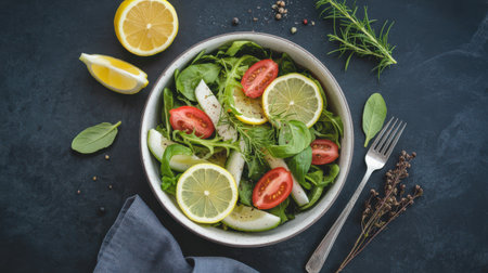 A white ceramic bowl overflows with fresh green salad leaves, sliced tomatoes, and bright lemon rounds. A silver fork rests beside the bowl on a dark textured surface.の素材