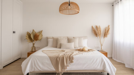 A neutral toned bedroom features a white bed with beige pillows and a fringed throw. Dried floral arrangements in vases flank the bed, with a woven pendant light overhead.の素材