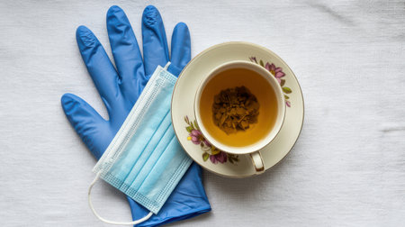 A flat lay composition features blue medical gloves and a light blue face mask next to a teacup and saucer with a floral design.の素材