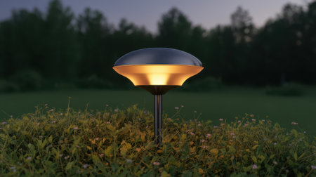 A modern mushroom-shaped garden lamp emits a warm orange glow from its illuminated diffuser against a dark twilight sky and blurred green trees.の素材