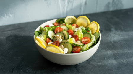 A white bowl filled with a vibrant fresh salad featuring crisp lettuce, sliced cucumbers, halved cherry tomatoes, and cubes of white feta cheese, garnished with lemon slices.の素材