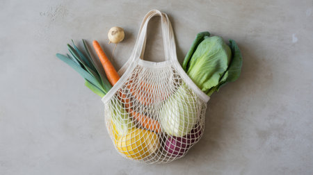 A white mesh bag overflows with fresh vegetables including a cabbage, leeks, carrots, an onion, and a turnip, set against a textured gray surface.の素材