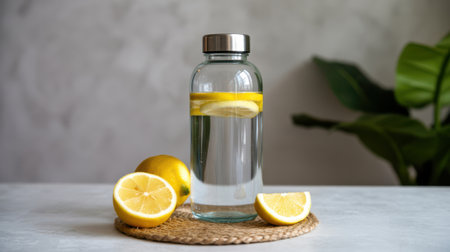 A clear glass bottle filled with water and lemon slices sits on a woven mat. Whole and sliced lemons are arranged around the bottle on a light grey surface.の素材