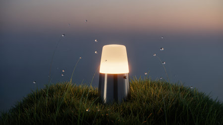 A modern, illuminated lamp sits on a grassy mound with dew drops. The background is a gradient of dark blue to soft pink, suggesting dusk or twilight.の素材